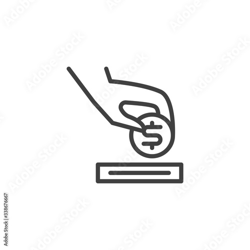 Hand putting money into Donate Box line icon. linear style sign for mobile concept and web design. Hand donating coin outline vector icon. Symbol, logo illustration. Vector graphics