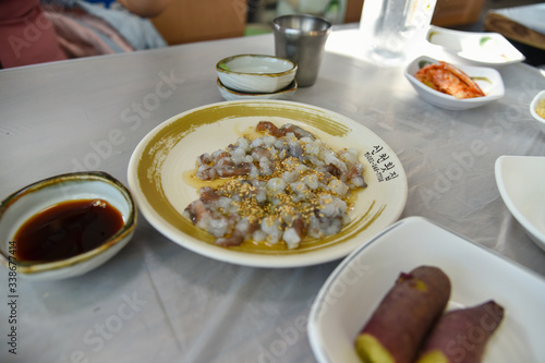 Busan city, South Korea - OCT 31, 2019: Sannakji is small octopus sashimi.
