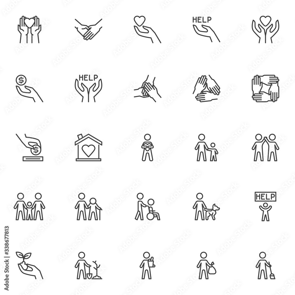 Volunteering line icons set. Volunteer Assistant linear style symbols collection, outline signs pack. vector graphics. Set includes icons as disabled caregiver, charity, money donation, healthcare