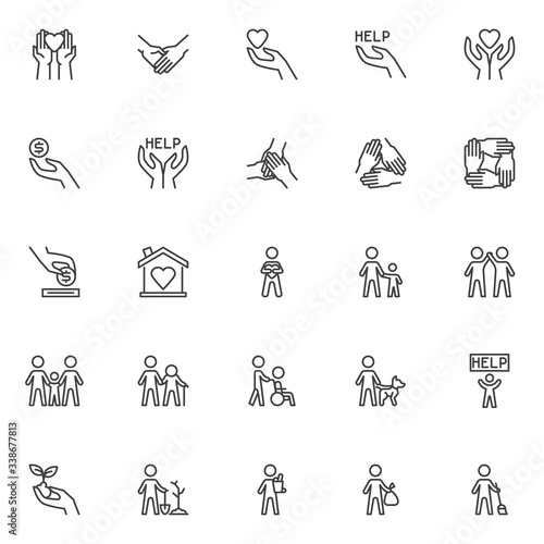 Volunteering line icons set. Volunteer Assistant linear style symbols collection, outline signs pack. vector graphics. Set includes icons as disabled caregiver, charity, money donation, healthcare