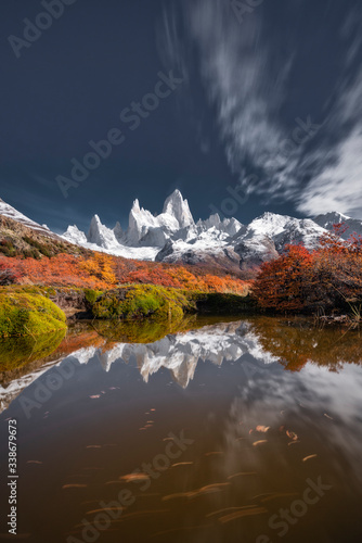 Reflecting of Fitz Roy Mountain in autumn, Patagonia, Argentina.