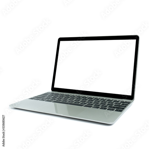 Modern computer, Laptop in angled position view with blank screen isolated on white background.mockup or template for advertising