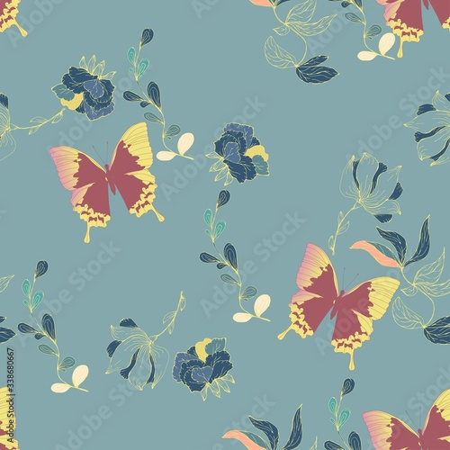 Seamless vector floral pattern of butterflies and inflorescences of flowers in elegant curls on a turquoise, light blue background.