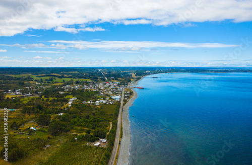 Aerial view of the town of Pargua and its coastline. place from where the ferries depart to the island of Chiloe