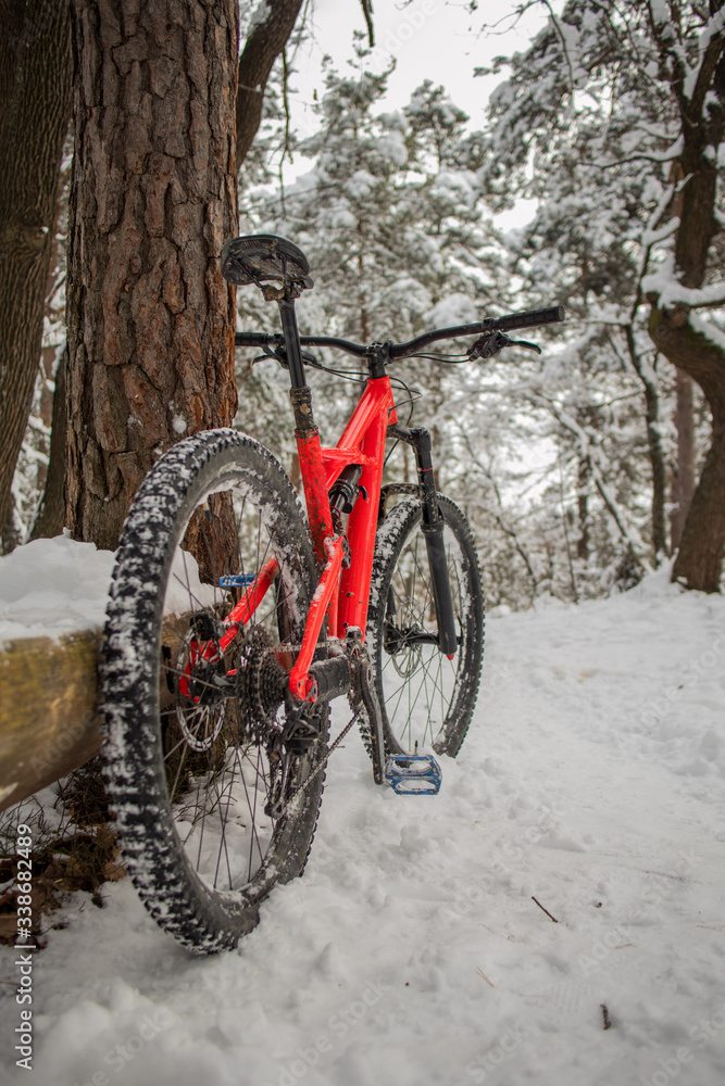 Enduro 27,5 mountain bike in red color resting on a bike single track on a cold snowy winter day. Concept of extreme sports or mountain biking in cold and snowy weather. Outdoor in winter. Enduro 27,5 mountain bike in red color resting on a bike single track on a cold snowy winter day. Concept of extreme sports or mountain biking in cold and snowy weather. Outdoor in winter.