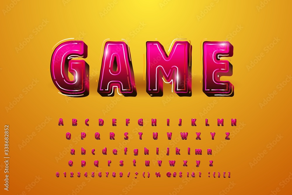 Vector illustration of font, alphabet for the game, bright fun style. For games, banners, and web pages. The effect of volume.