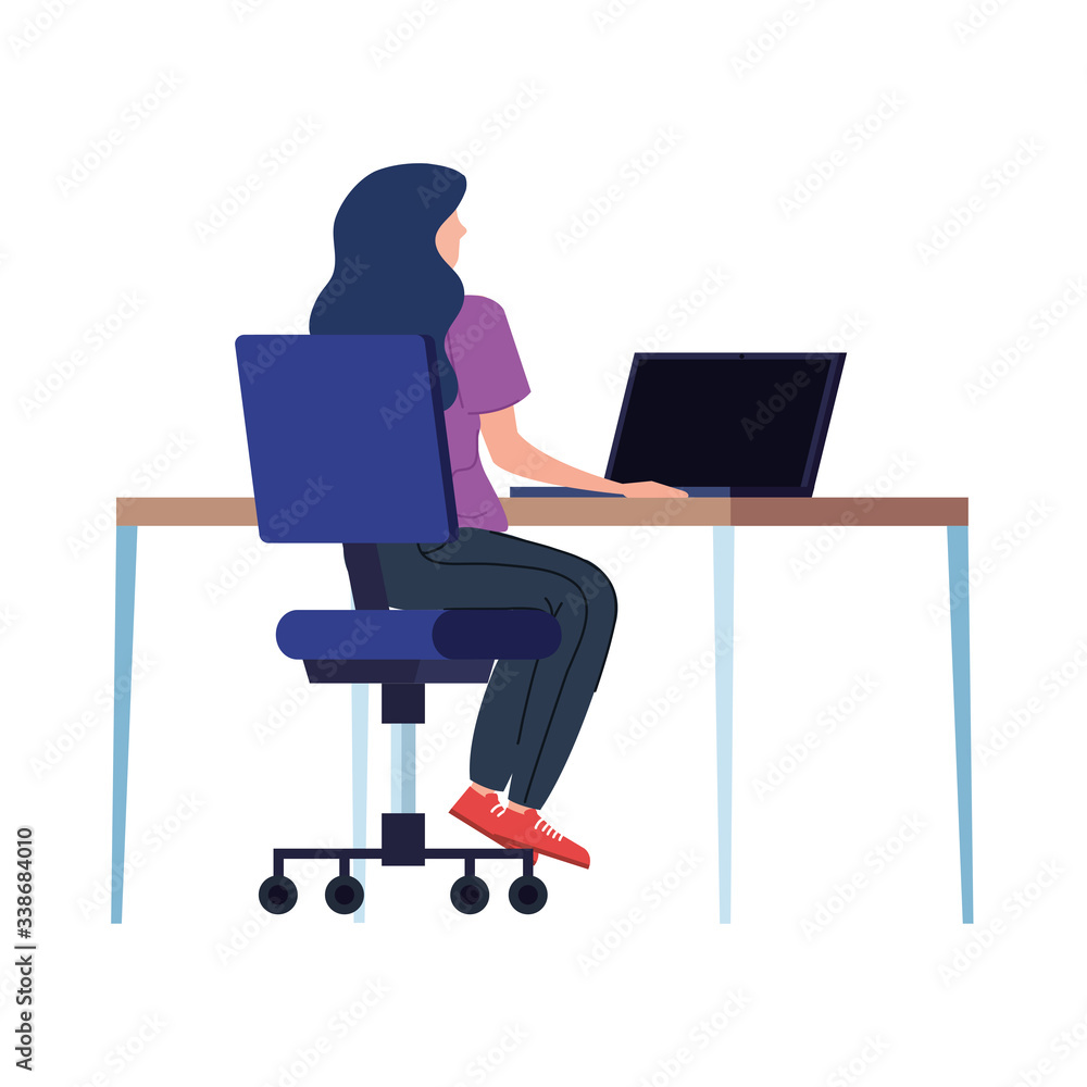 beautiful woman with desk in workplace vector illustration design