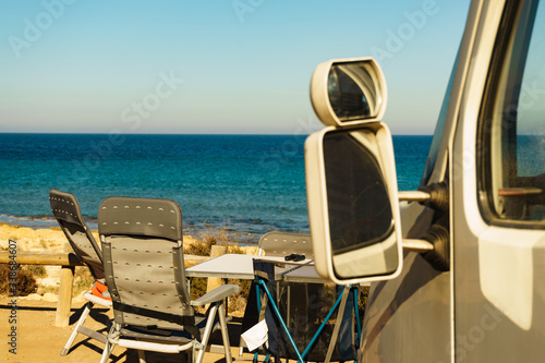 Tourist table and chair on seaside  camping.