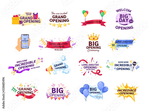 Grand opening set label typography graphic design. Opening labels banners event template with gift boxes. Layout for sale, advertising, banner, promo poster, promotion announce tag, sticker vector