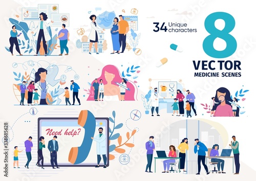 Patients Distance Counseling and Online Help, Planning Childbirth, Family Doctor Service Trendy Flat Vector Scenes, Concepts Set. Sick, Unhealthy People, Medical Specialists Characters Illustrations