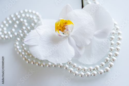 Fototapeta Naklejka Na Ścianę i Meble -  pearl and white orchid on a white glas
