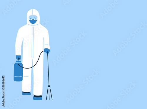 Modern vector illustration in flat style. Doctor in hazmat suit with disinfection equipment. Front view. Decontamination as a prevention against coronavirus COVID-19. Design concept. Place for text