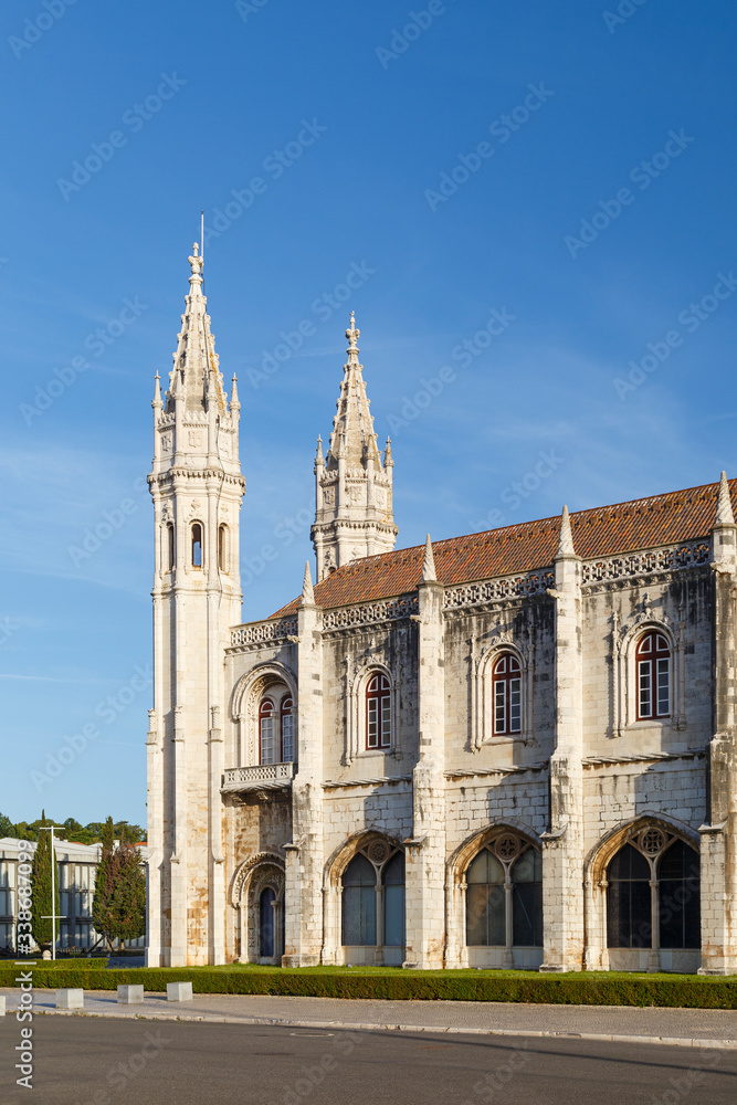 View of the historic Mosteiro dos Jeronimos (Jeronimos Monastery) in Belem, Lisbon, Portugal, on a sunny morning.