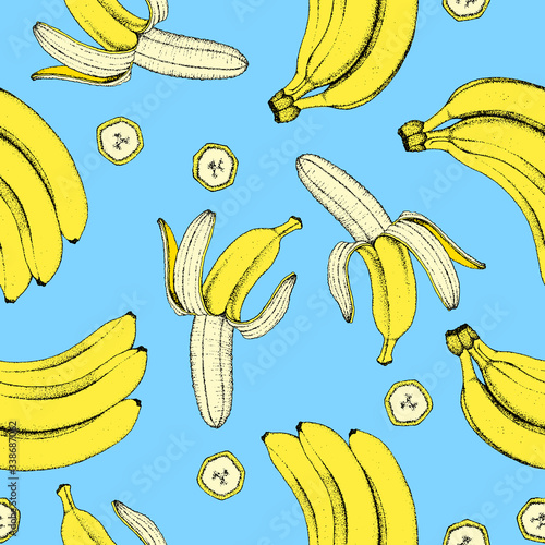 Modern seamless pattern with hand drawn banana fruit isolated on blue background.