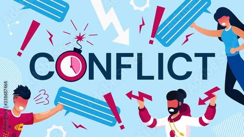 Coworker Conflict, Aggression and Team War Poster. Angry, Evil, Aggressive Man and Woman Avatar Character Yelling and Shouting around Capital Letter. Nervous and Stressful Work Situation Illustration