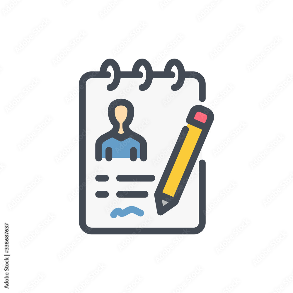 Signing a Contract color line icon. Writing to Notebook vector outline colorful sign. Signing a Contract color line icon. Writing to Notebook vector outline colorful sign.