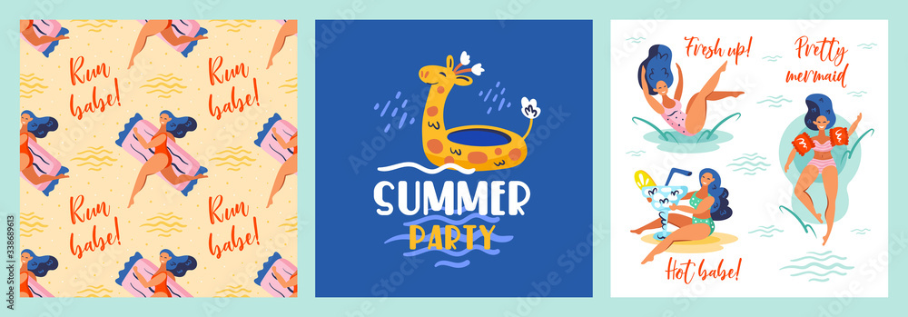 Run babe. Fresh up. Pretty mermaid. Hot babe. Rubber giraffe. Summer seaside beach pool party. Hot weather, holidays, Set of postcards. Flat colourful vector illustration isolated on blue background