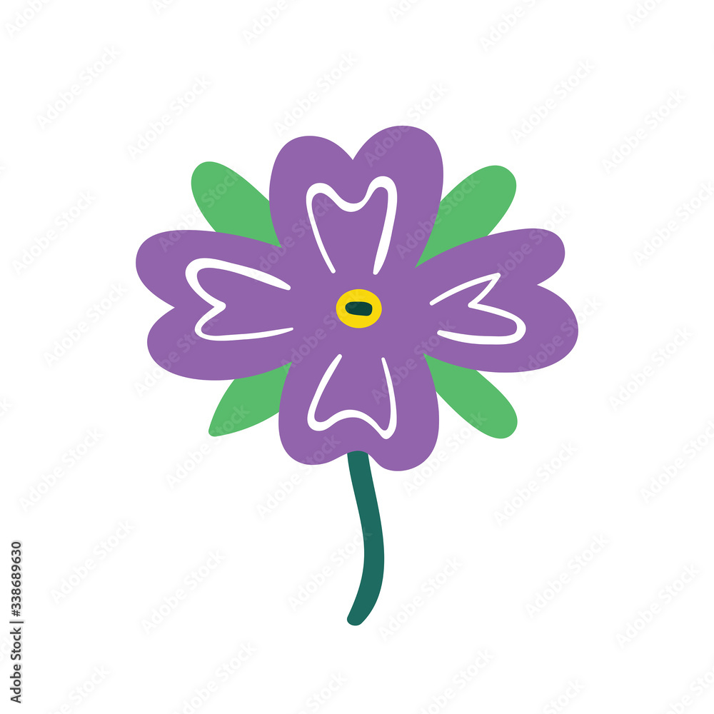 Naklejka premium Little purple wildflower. Flora design elements. Wild life, nature, blooming flowers, botanic. Flat colourful vector illustration icon sticker isolated on white background.