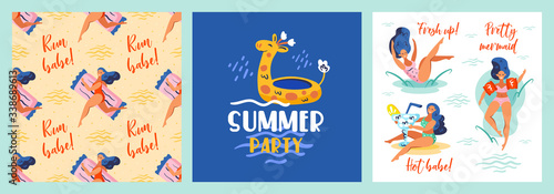 Run babe. Fresh up. Pretty mermaid. Hot babe. Rubber giraffe. Summer seaside beach pool party. Hot weather, holidays, Set of postcards. Flat colourful vector illustration isolated on blue background