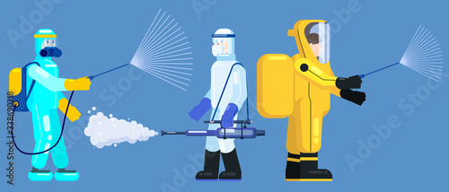 Mans edical scientists in chemical protection suit disinfects spray to cleaning and disinfect virus Covid-19