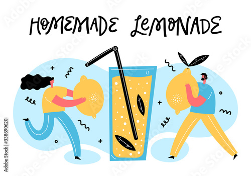 Little people put lemons to huge glass with lemonade, mint leaves and straw. Teamwork and summer drink. Cartoon Flat Vector Illustration.