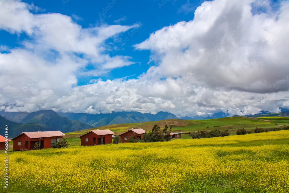Beautiful landscape of fields, meadows and mountains in Peru, South America
