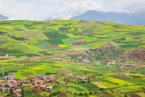 Fotografie Beautiful landscape of fields, meadows and mountains in Peru, South America