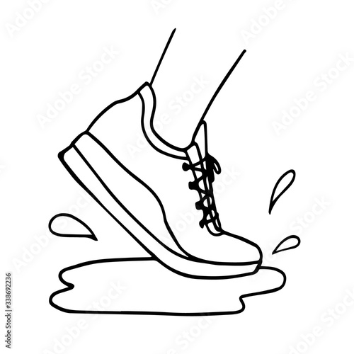 Sneakers running through puddle. Vector illustration, running concept, waterproof shoe