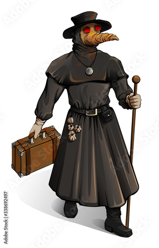 Medieval doctor in protective suit walks with suitcase. Outbreak cholera vintage medicine steampunk style