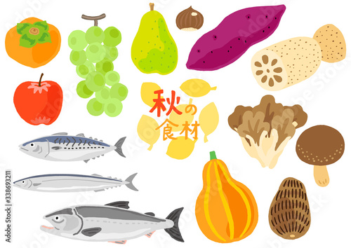 秋の食材　野菜と果物と魚　セット