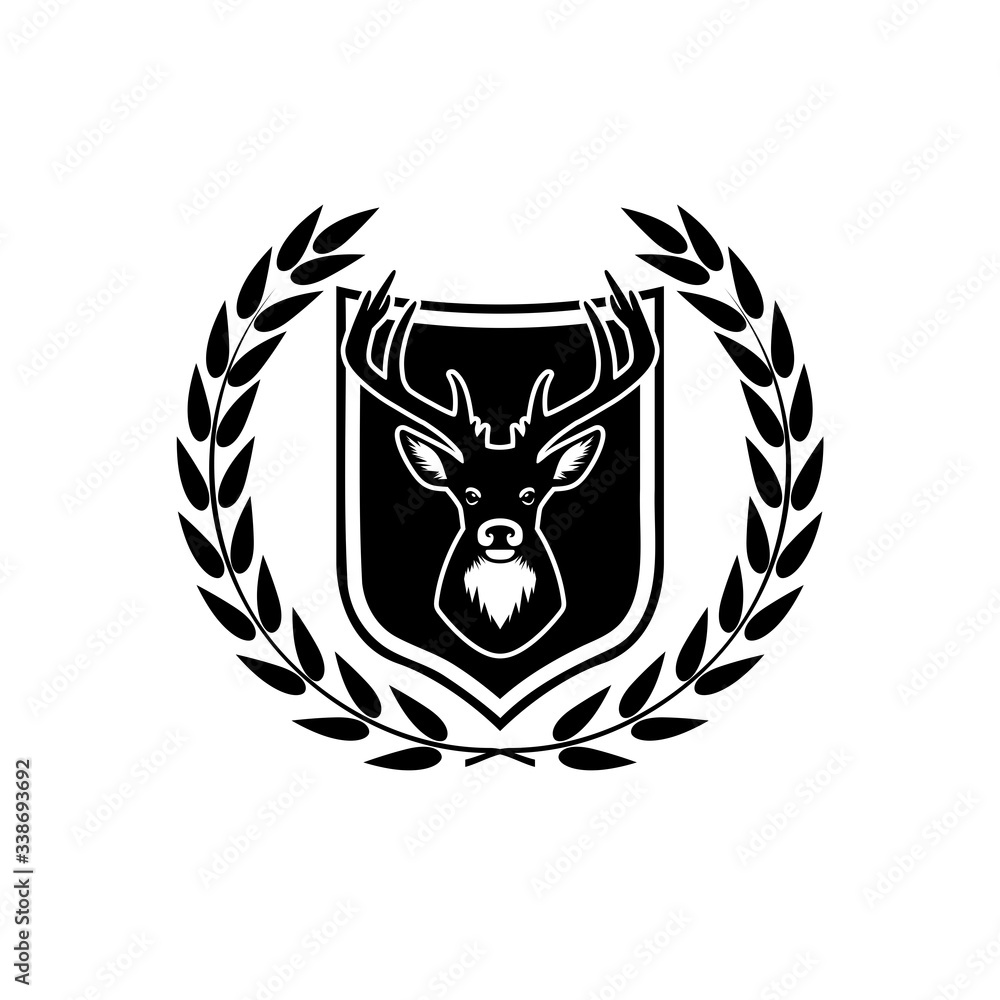 Fototapeta premium Deer head with antlers on shield icon isolated on white background. Hunting trophy on wall sign