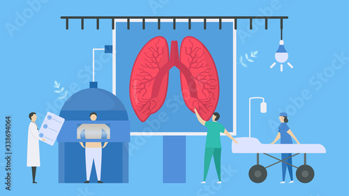 This medical scanning is x-ray. Doctor checks lung of human body, A workflow part of patient care. Flat design in minimal tiny style.