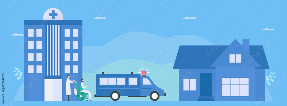 After treatment, assistant doctor will send patient back who recover to home. Workflow of patient care. Medical vector illustration with flat tiny style.