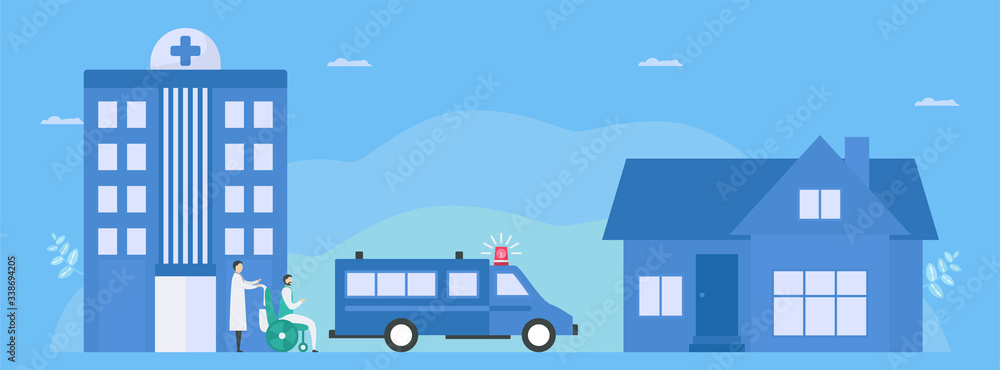 Naklejka premium After treatment, assistant doctor will send patient back who recover to home. Workflow of patient care. Medical vector illustration with flat tiny style.