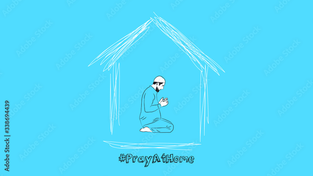 muslim man sitting praying at home inside a home symbol simple hand drawn design style minimal vector illustration