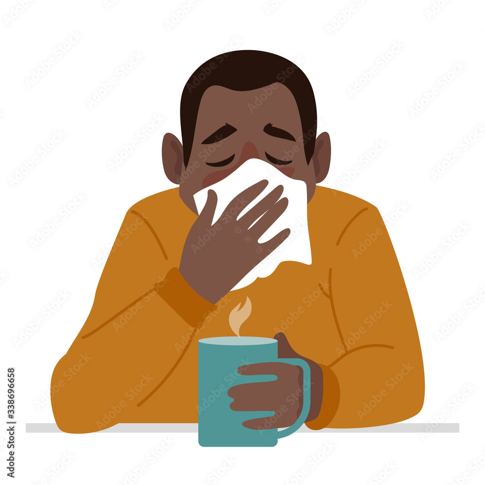 Coronavirus danger. Sick man Vector character. A man sneezes into a handkerchief, viruses fly over his head. Covid - 2019 Coronavirus danger. Sick man Vector character. A man sneezes into a handkerchief, viruses fly over his head. Covid - 2019