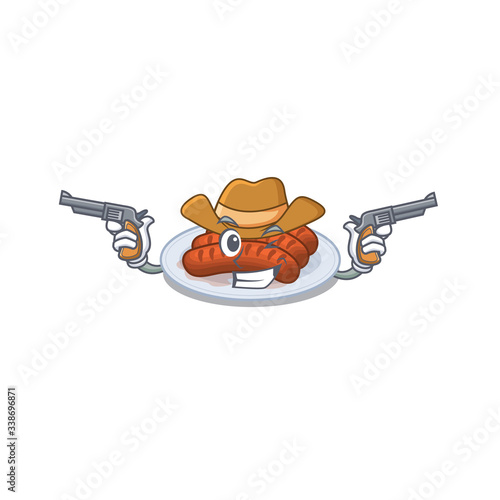 Cute handsome cowboy of grilled sausage cartoon character with guns