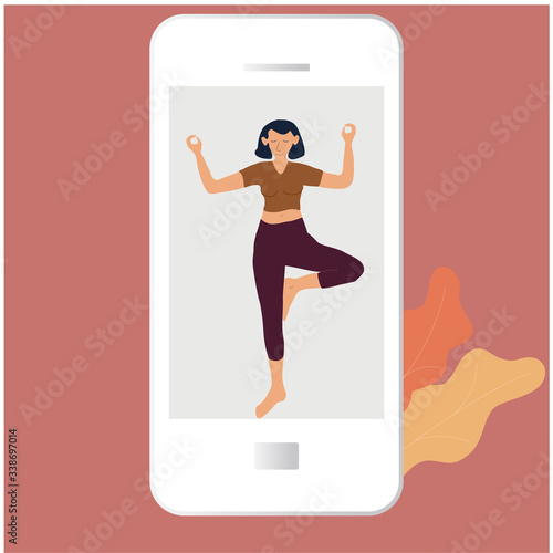 Yoga online woman in tree asana meditating smartphone app online classes via internet, flat vector illustration.