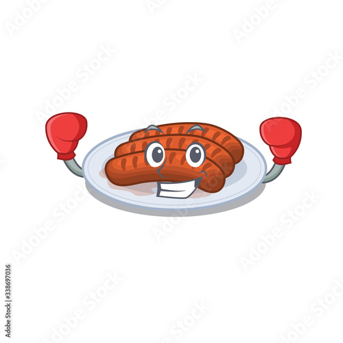 A sporty boxing athlete mascot design of grilled sausage with red boxing gloves