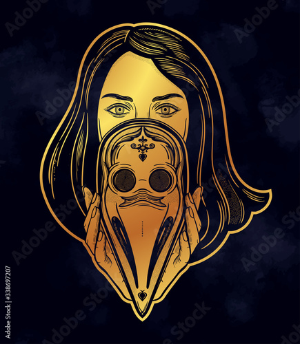 Beautiful woman holding a plague doctor mask -medieval gothic tattoo style.Symbol of unity, solidarity and support in a health crisis. Isolated vector illustration.