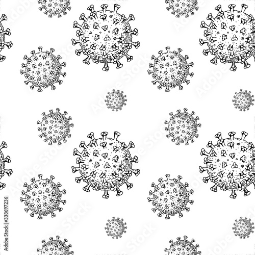 Hand drawn coronavirus seamless pattern in sketch style. Microscope virus close up. Vector illustration. COVID-2019