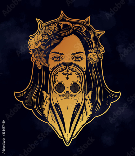 Beautiful woman in a crown of thorns, holding a plague doctor mask -medieval gothic tattoo style.Symbol of unity, solidarity and support in a health crisis. Isolated vector illustration.