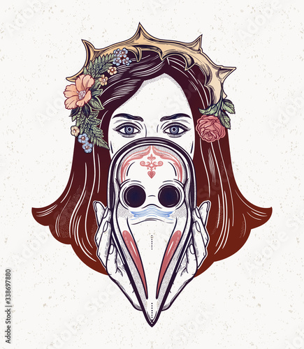 Beautiful woman in a crown of thorns, holding a plague doctor mask -medieval gothic tattoo style.Symbol of unity, solidarity and support in a health crisis. Isolated vector illustration.