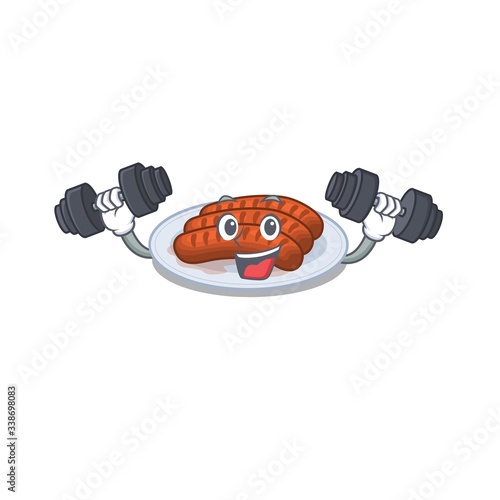 Mascot design of smiling Fitness exercise grilled sausage lift up barbells