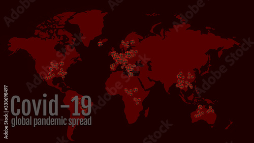 Covid-19 global pandemic spread, Coronavirus spreading over the world map. Red background