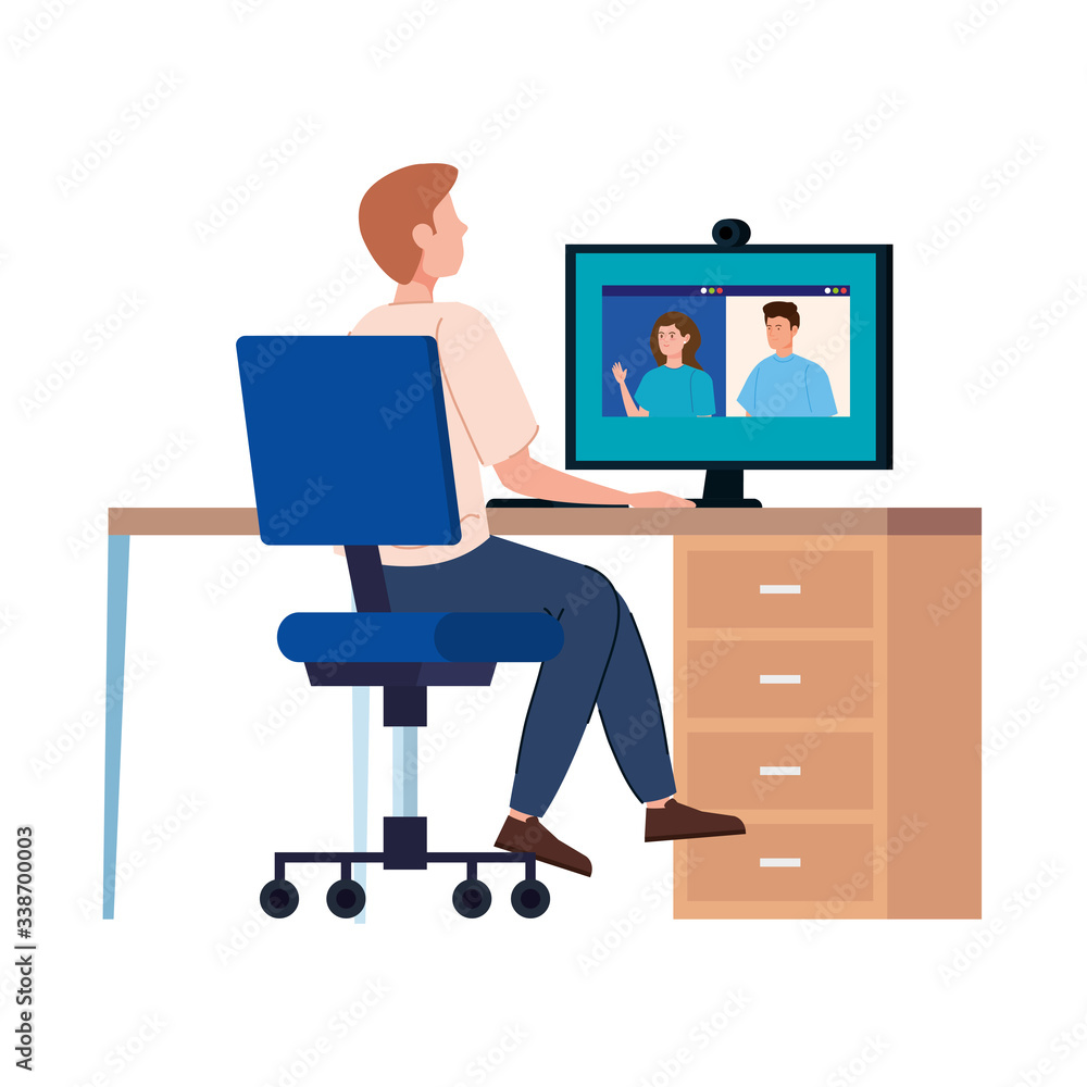 man in video conference with computer in workplace vector illustration design