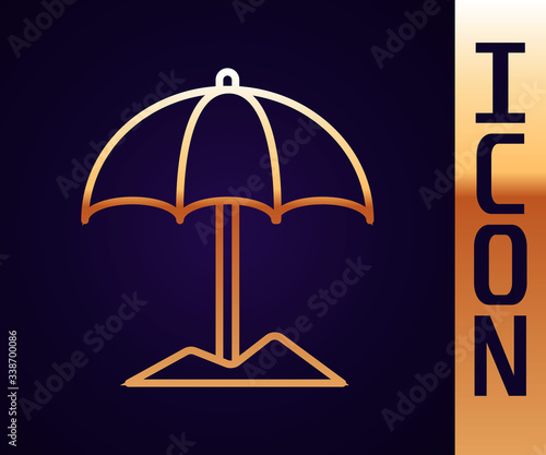 Gold line Sun protective umbrella for beach icon isolated on black background. Large parasol for outdoor space. Beach umbrella.  Vector Illustration