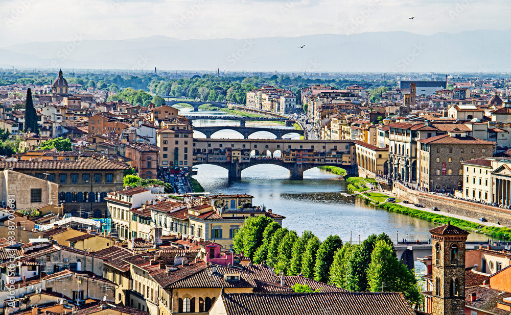 A view of Ponte Vecchio, the oldest bridge in Florence, from The Piazzale Michelangelo, Arno River