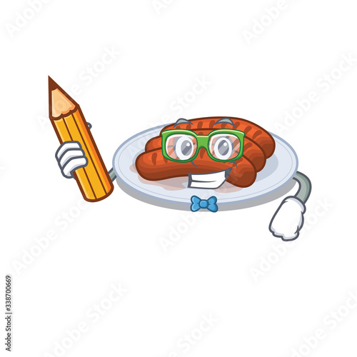 A brainy student grilled sausage cartoon character with pencil and glasses