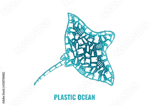 Plastic waste ocean environment problem concept vector illustration. Ray ocean fish outline filled with plastic waste flat icon. Sustainable lifestyle graphic, underwater wildlife danger concept.